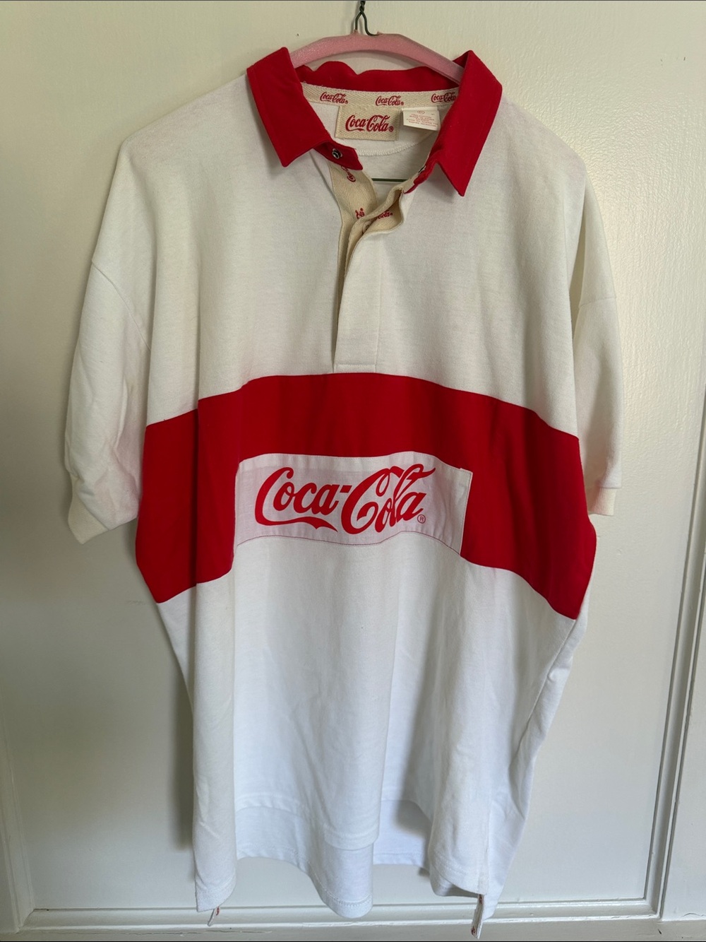 Vintage X-Large 1986 Coca Cola White Rugby Polo w Bold Red Chest Stripe